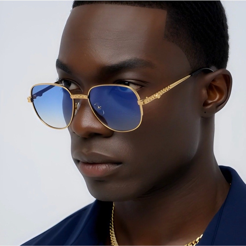 Mens Gold Aviator Sunglasses Blue Gradient Lens Textured Metal Frame Navigator